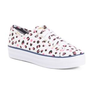 Keds White Canvas Platform Sneaker with Pink and Black Leopard Spots